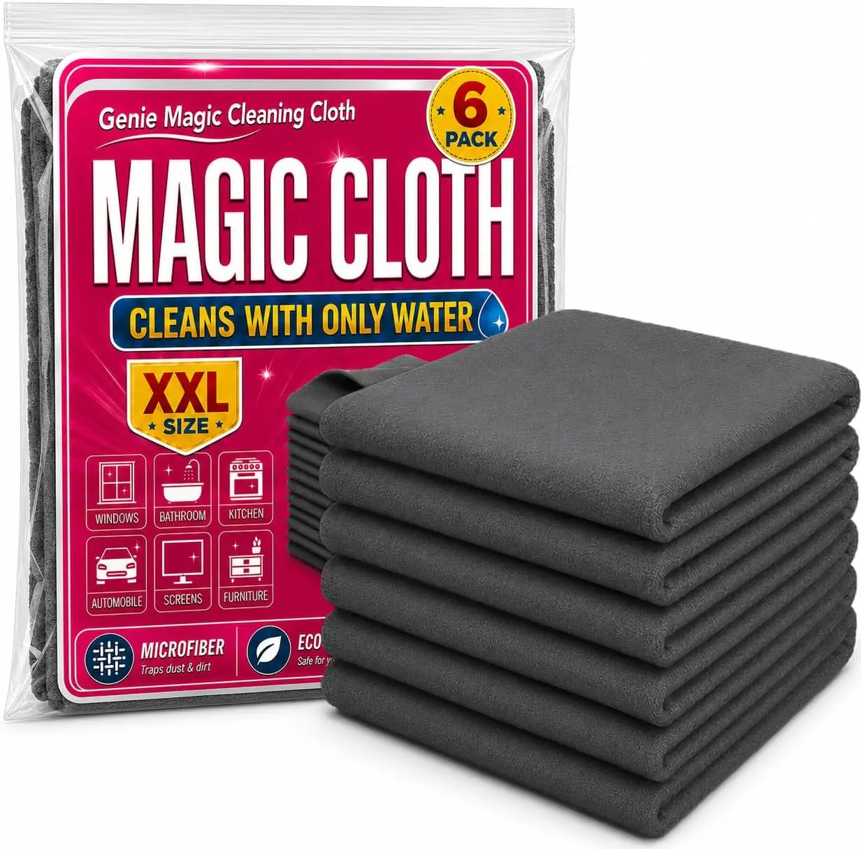 Your Magic Cleaning Cloth 6-Pack, Microfiber Cleaning Cloths 16x12 Inch, Lint Free Reusable Cleaning Rags for Glass, Window, Kitchen, Stainless Steel, Cars & Screens