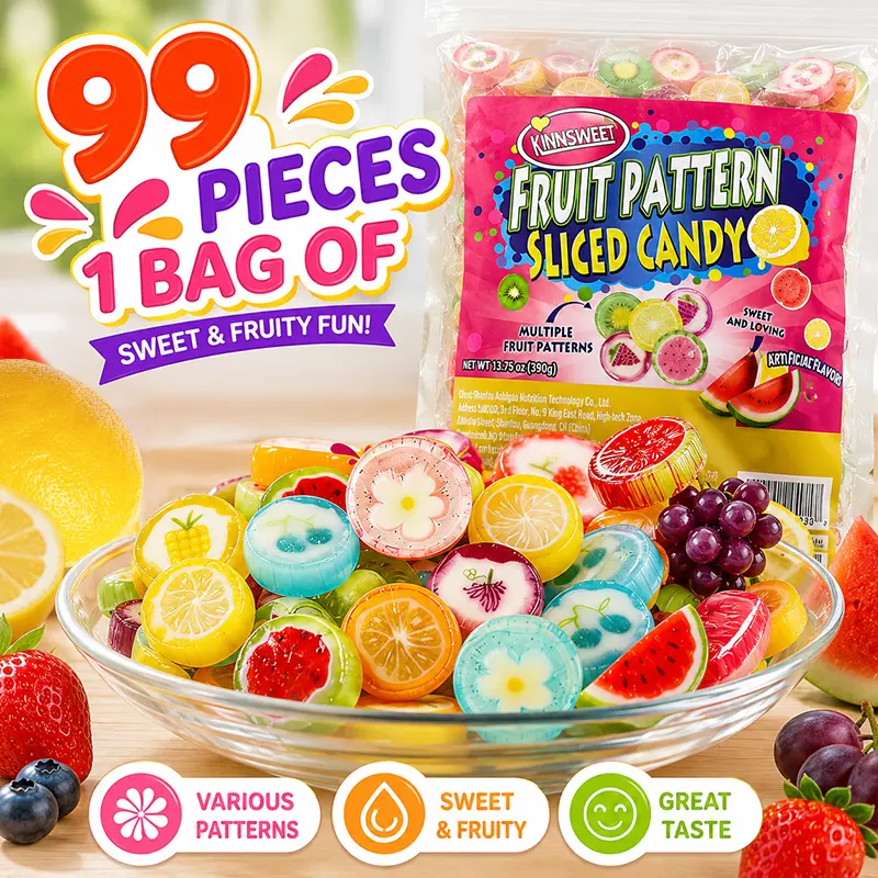 Fruit Pattern Hard Candy - Sliced, Assorted Sweet Flavors (Lemon, Strawberry, Flower-Infused), Individually Wrapped Colorful Treats for Parties, Holiday Gifts, Snacks
