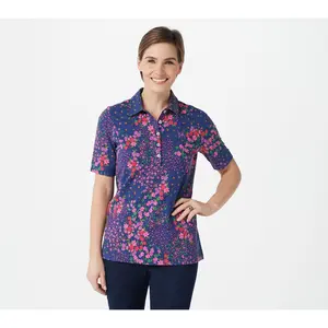 Isaac Mizrahi Live! Printed Pique Polo with Above-Elbow Sleeves