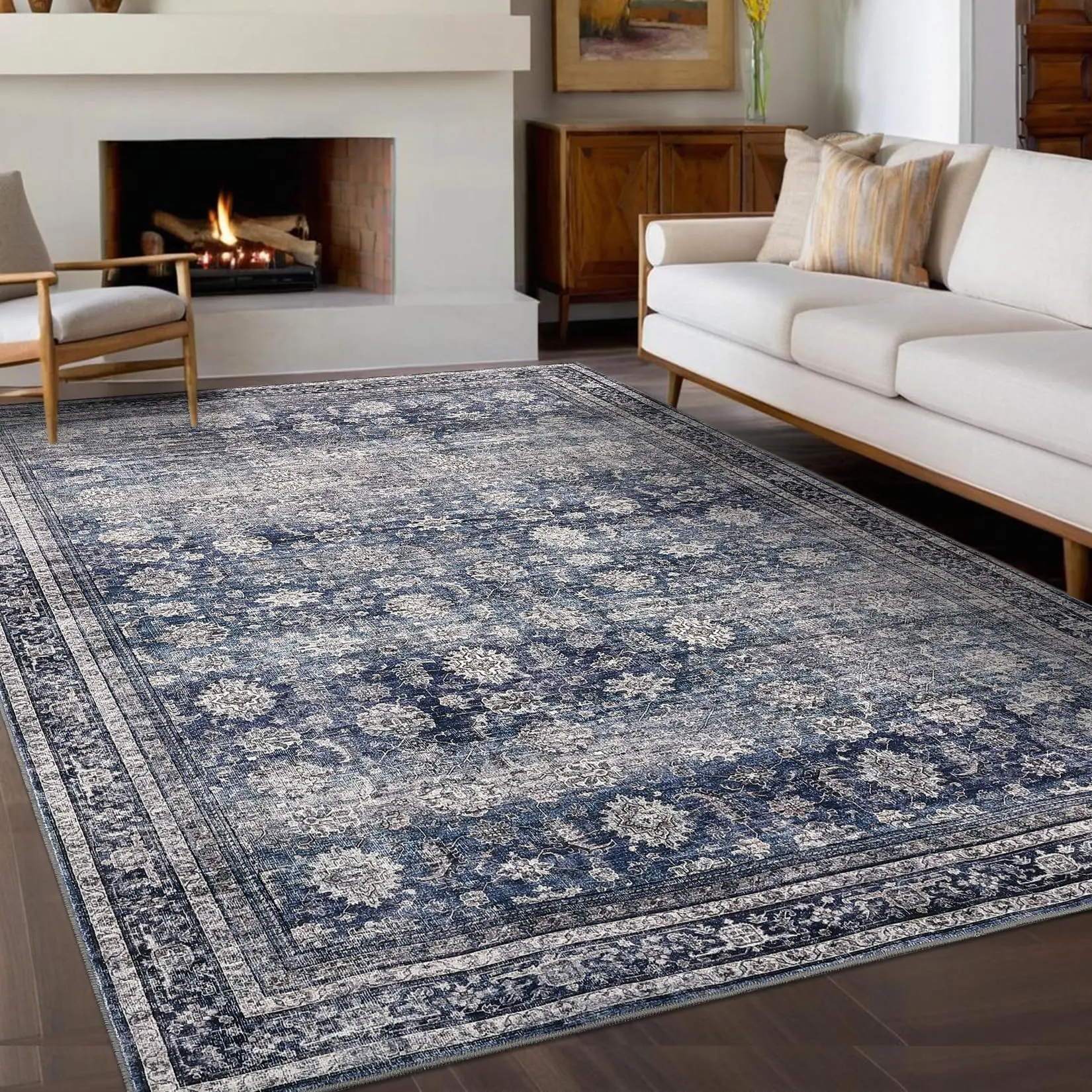 Area Rugs 9x12 Large Vintage Floor Carpet with Non-Slip Backing, Machine Washable Oriental Distressed Living Room Rugs, Stain-Resistant Foldable Low Pile Rugs for Office, Bedroom, Blue