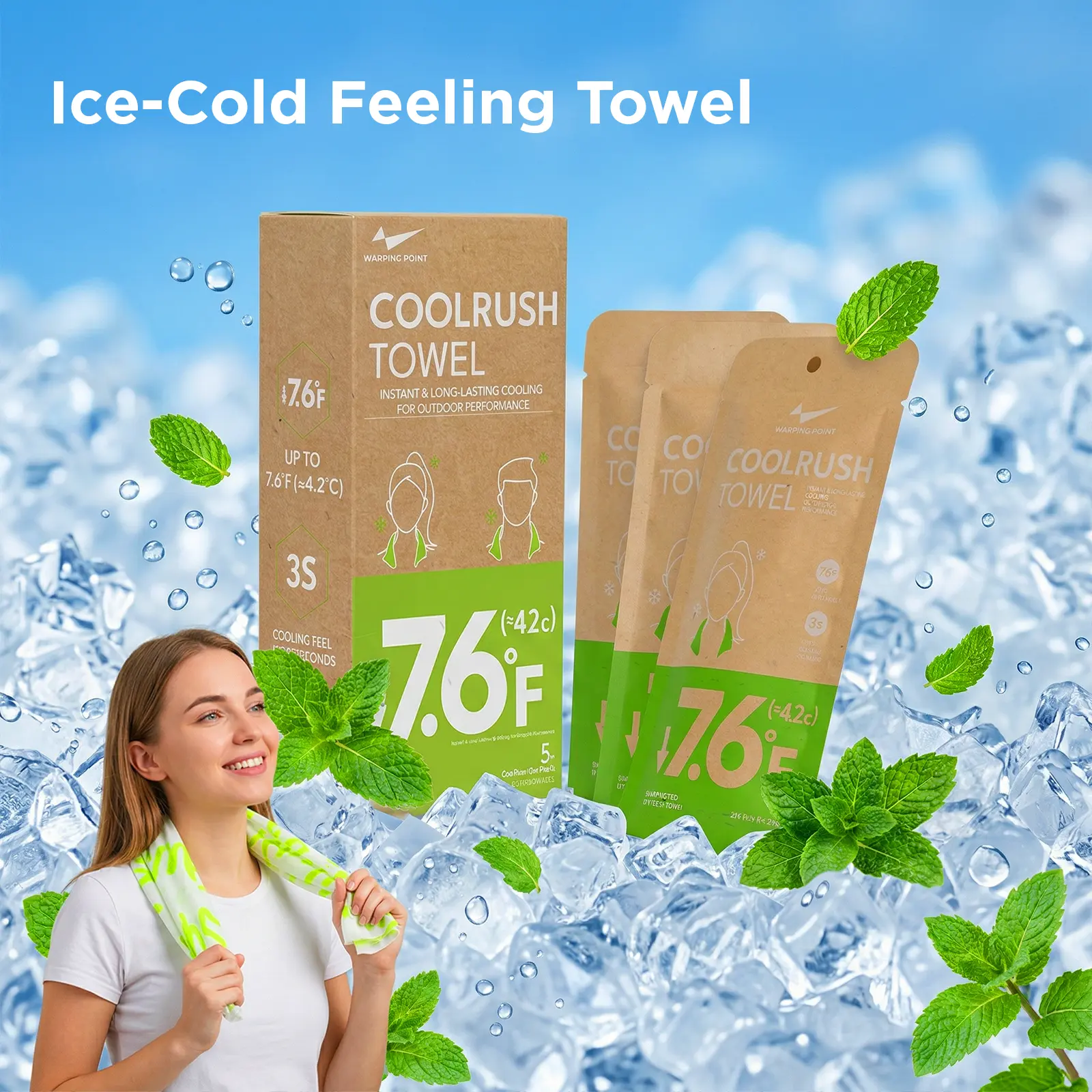 CoolRush Towel, Instant Cold Neck Wrap for Hot Weather, Cooling Body Wipe, Chilly Rag For Sports, Yoga, Workout, Gym, Running, Travel, Beach, Camping, Hiking & Outdoor Activities, 27 x 9 inches