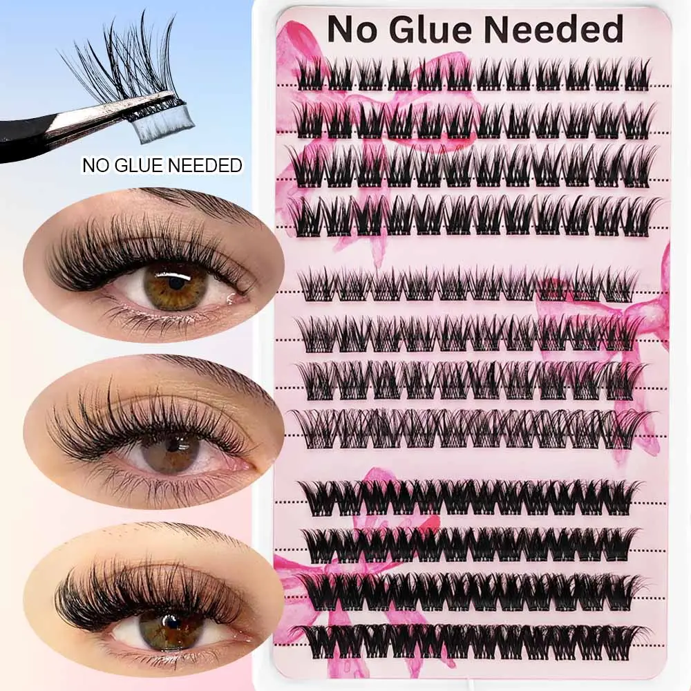 136-Cluster Glueless Lash Clusters, Self-Adhesive False Eyelashes Makeup with Natural Look, Fine, Soft & Fluffy, No Glue Needed, Glue Free Lashes, DIY at Home, Easy-to-Apply Fake Lashes