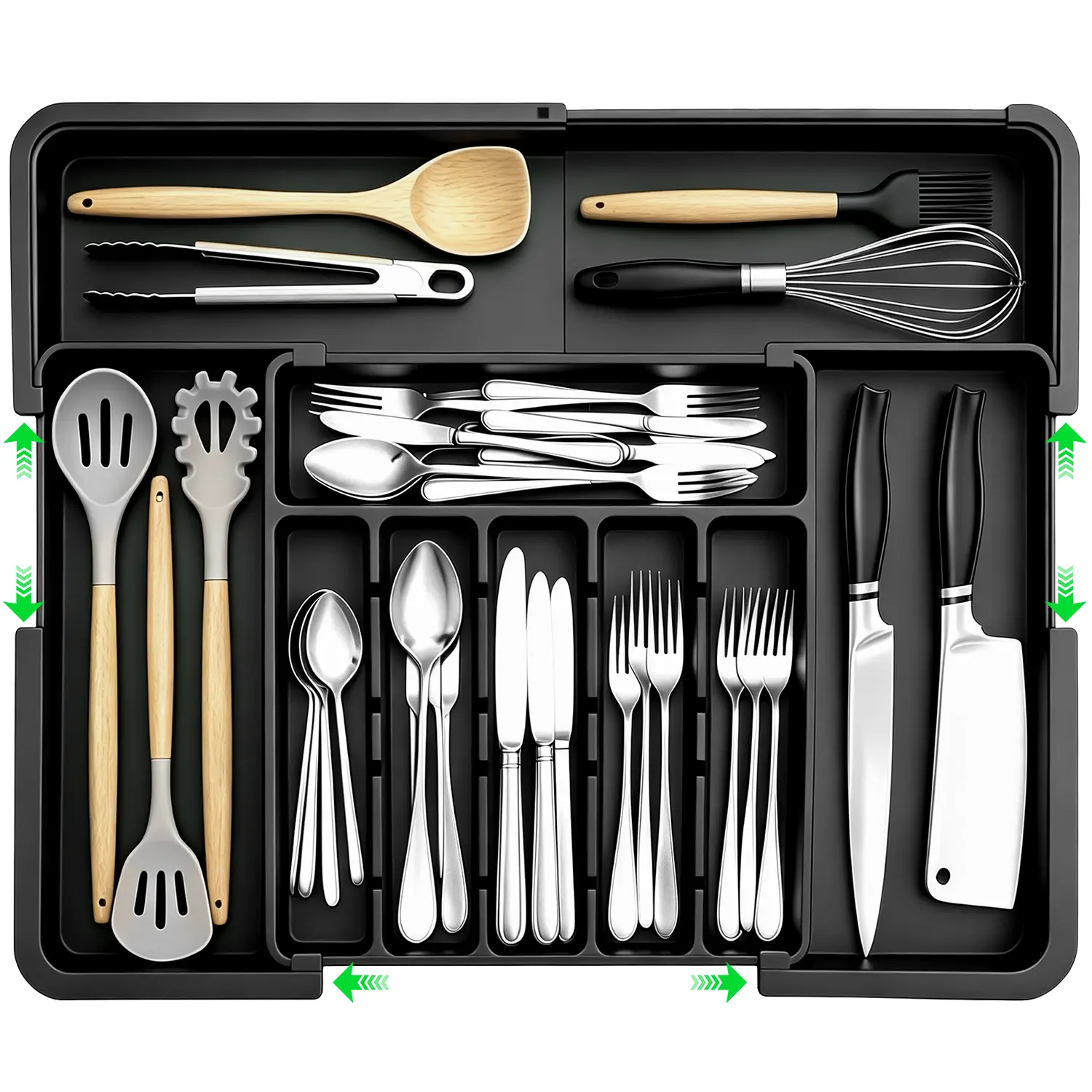 Expandable Silverware Organizer with 2 Removable Knife Holders, Large Kitchen Drawer Utensil Organizer, Adjustable Cutlery Tray, 6-9 Compartments, Black