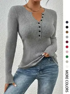 Women's Plain Button-Front Ribbed Sweater, Elegant Chic Slim Fit Long Sleeve Round Neck Jumper for Spring, Fashion Ladies' Knitwear for Daily Wear, Slim Fit Sweater for Women