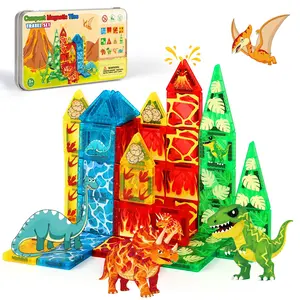 40/52-piece Snap-Together Magnetic Building Blocks, Building Block Sets, Building Block Model, Magnetic Tiles for Kids, Dinosaur Themed Series (Multicolored Geometric Shapes), Creative Play, Iron Box Portable Travel Set, Ideal Learning Gift for Kids