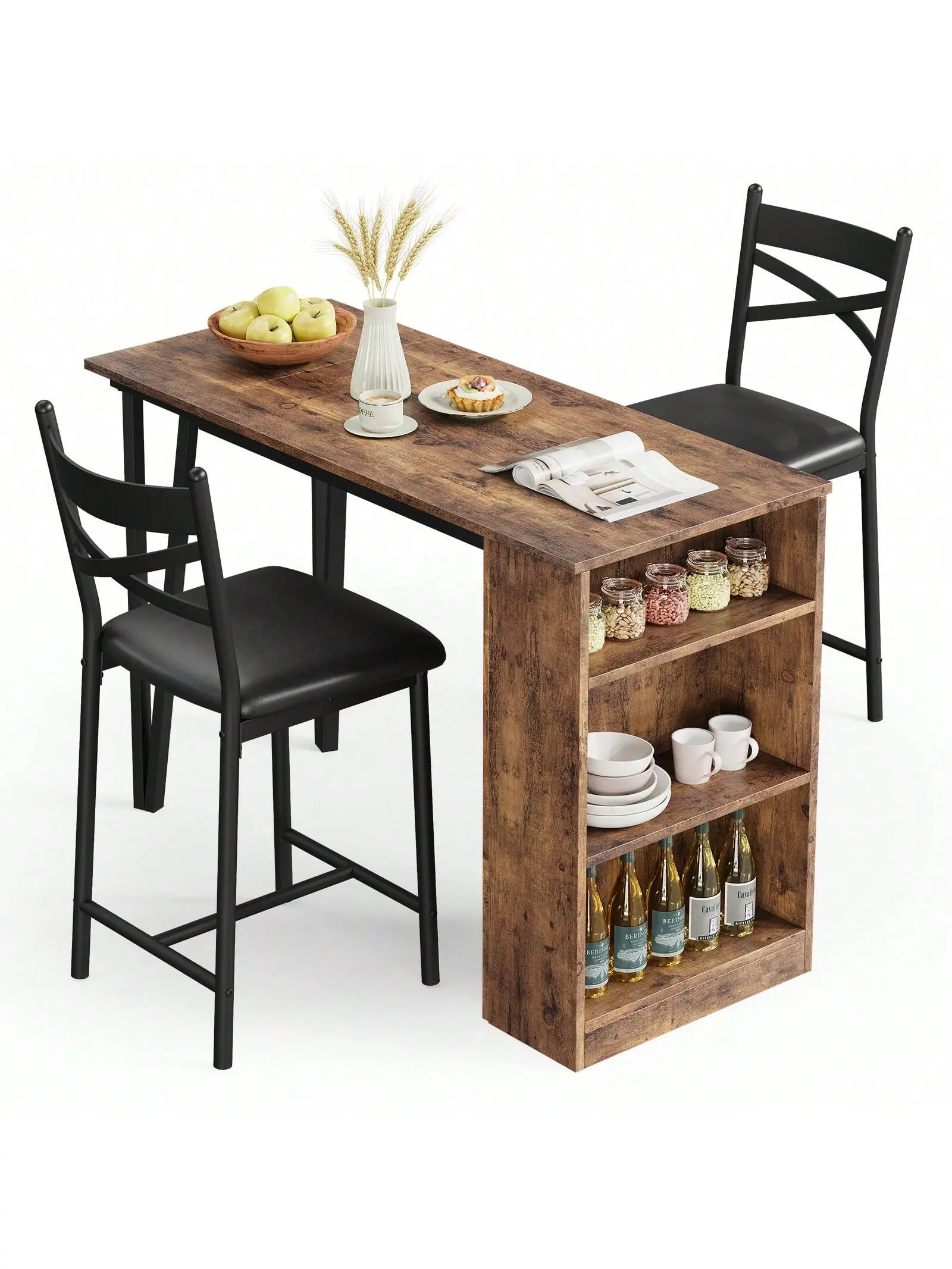 Gaomon 3-Piece 36in Countertop Dining Table Set - Convertible Dual-Purpose Tall Kitchen Bar Table with 2 Ergonomic Chairs, Spacious Storage Shelves, Drop Leaf, Space-Saving for Kitchen Breakfast Nook, Ergonomic Chair, 3-Piece Dining Tables