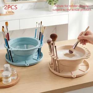 Multifunctional Silicone Makeup Brush Cleaning Bowl, Integrated with Drain Tray and Drying Rack, Lazy Makeup Washing Essential, Portable Foldable Cosmetic Brush Cleaner, Makeup Tool Cleaning Box Without Damaging Brush Bristles
