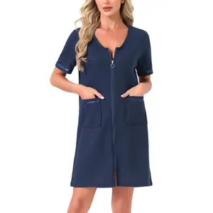 INSPIRE CHIC Women's Zipper Robes Front Open Knit Short Bathrobe Collarless House Coat with Pockets Soft Waffle Nightgown X-Large deep Blue