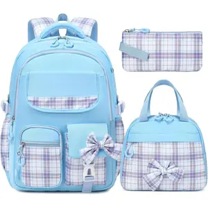 School Backpack for Girls, Bookbags  Pack School Bag for Teen Girl Elementary Middle Schools Student, Cute Stylish Plaid Girls Backpack with Matching Insulated Lunch Bag & Pencil Bag (Blue)