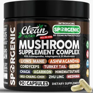 Clean Nutra Ashwagandha, Adaptogens & 20 Mushrooms, Lion's Mane, Ashawagandha, Cordyceps & More for Enhanced Focus, Energy & Stress Relief Capsules – Sporgenic