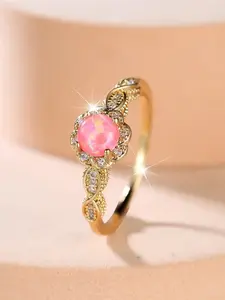 Luxury Female Pink Fire Synnthetic  Opal Stone Engagement Ring Vintage Gold Color Bridal Wedding Bands Party Jewelry For Women