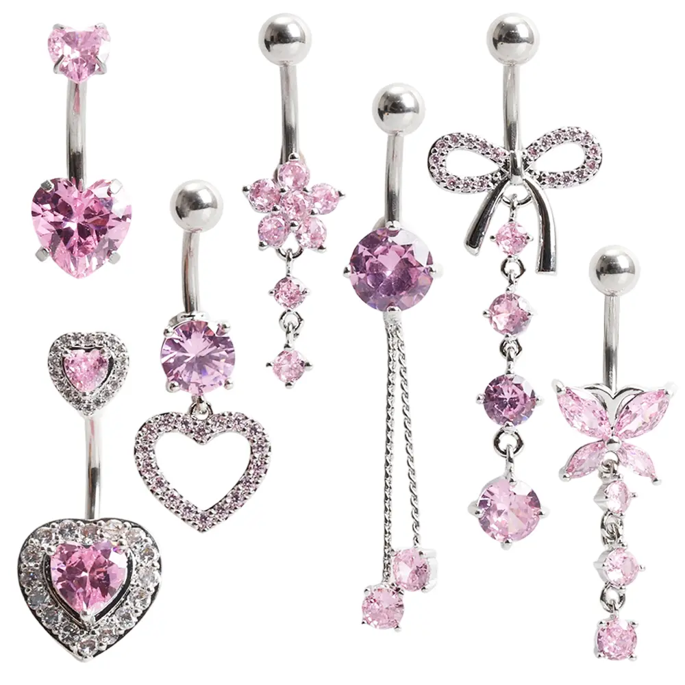 7pcs 14G Belly Button Ring Dangle Belly Button Piercing Surgical Stainless Steel Belly Rings Cute CZ Heart Butterfly Flower Dangling Belly Piercing Jewelry for Women