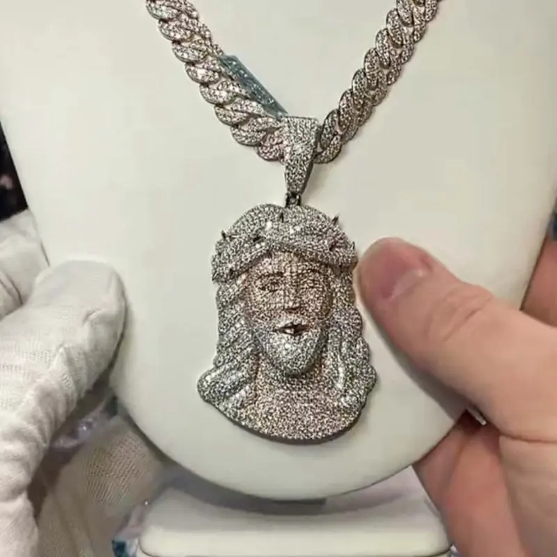Unisex 20" Length 10mm 2-Tone Sterling Silver Rose Gold VVS1 Moissanite Cuban Link Chain with Large Jesus Head Pendant, 20 Inches Sterling Silver Jewelry