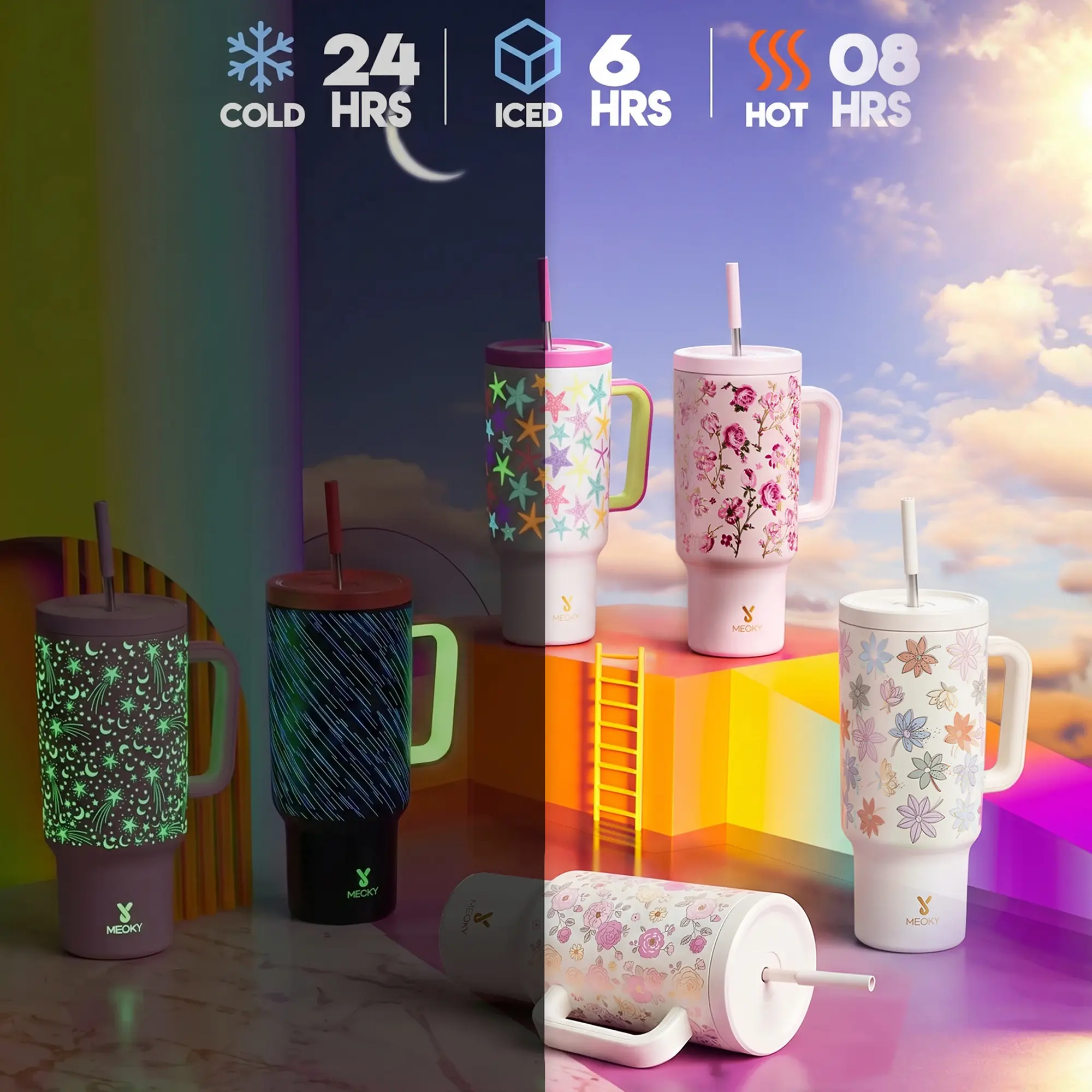 Just Launched,MEOKY 40oz Sunlight Activated Color Changing Floral Tumbler, Stainless Steel Insulated Travel Mug with Handle & Straw, 24H Cold Retention Leakproof Water Bottle for Women Car Office Gym Daily Use#TikTokShopSummerSale