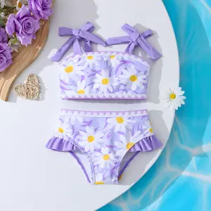 Toddler Girl Daisy Swimsuit Two Piece Purple Floral Bathing Suit with Big Bow Flattering Ruffle Swimwear for Little Girl 2-7Y
