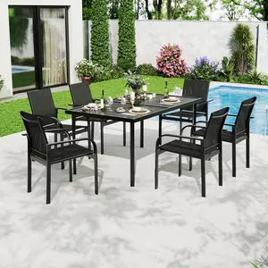 7-Piece Outdoor Patio Dining Set for 6 Persons, 55" Rectangular Table & 6 Textilene Chairs with Iron Armrests for Porch, Lawn and Poolside