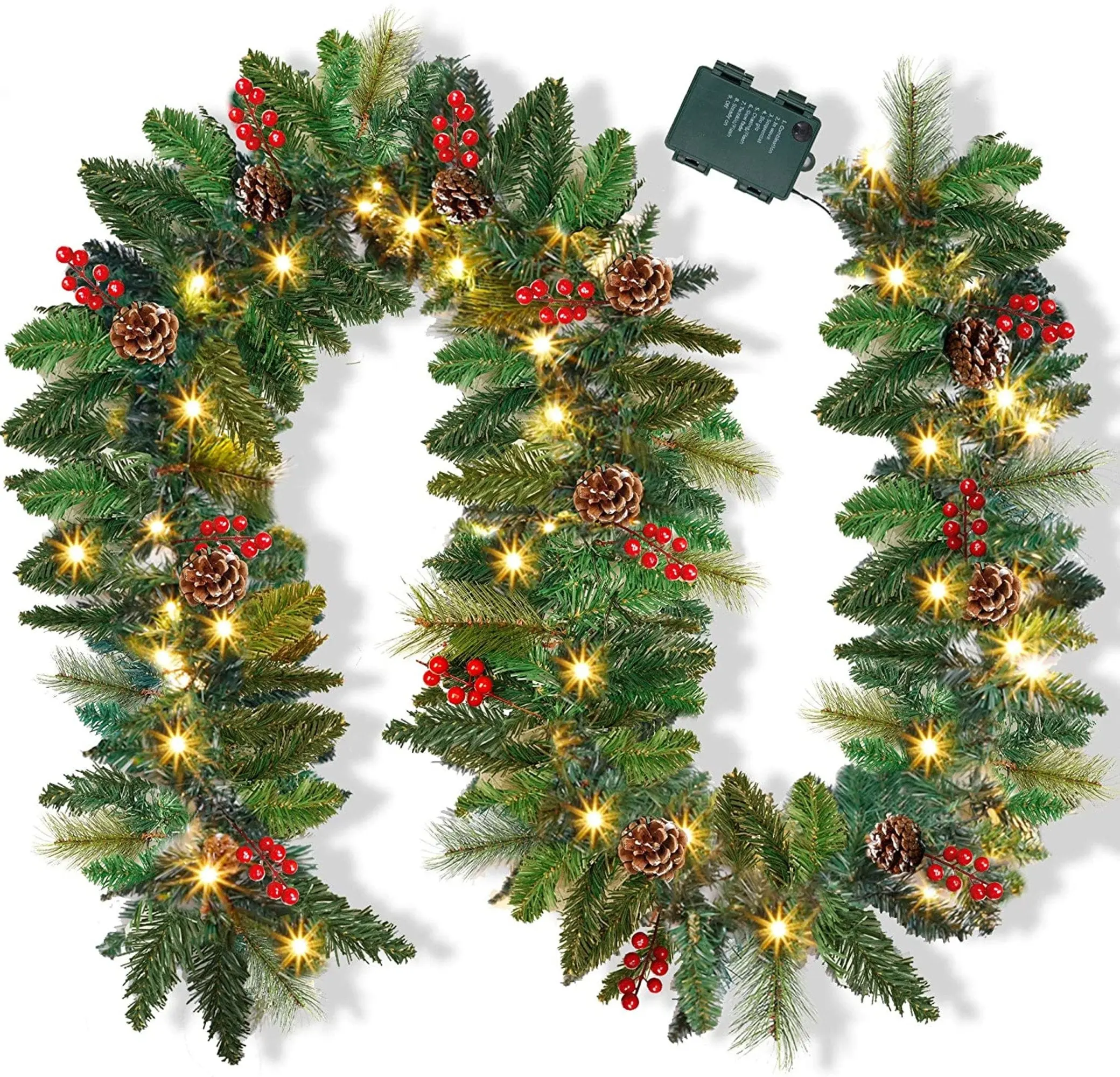 9 Foot Christmas Garland - Lighted Garland, Battery Operated Christmas Garland with Lights, Pre Lit Garland Wreath with Pine Cones