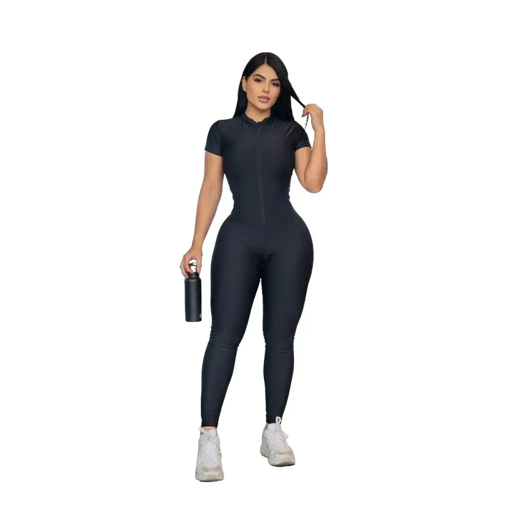 Women's Fitted Black Short-Sleeve Push-Up Gym Sports Jumpsuit - Suplex Fabric, Leopard Print, Women's Gym Wear, Second Skin Feel, Suitable for Night Out, Ankle Length