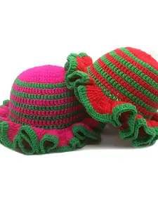 Handmade Crochet Knitted Ruffle Hat for Adults, Colorblock Hollow Out Wavy Edge Woolen Cap, Halloween Fashion Party Hat, Funny Hat, Funny Comedy Hat