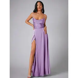 Bridesmaid dress with cowl collar, side slit, and spaghetti straps—an elegant formal evening gown for prom and wedding guests, suitable for graduation and dinner parties