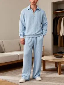 Men's Knitted Sportswear Set, Textured Sweatsuit Set Outfit, Sports Clothing Set, Half-Zip Polo Neck Sweater with Wide Leg Pants Two-Piece, Soft Comfortable Casual Home Wear for Daily Use & Fall Winter