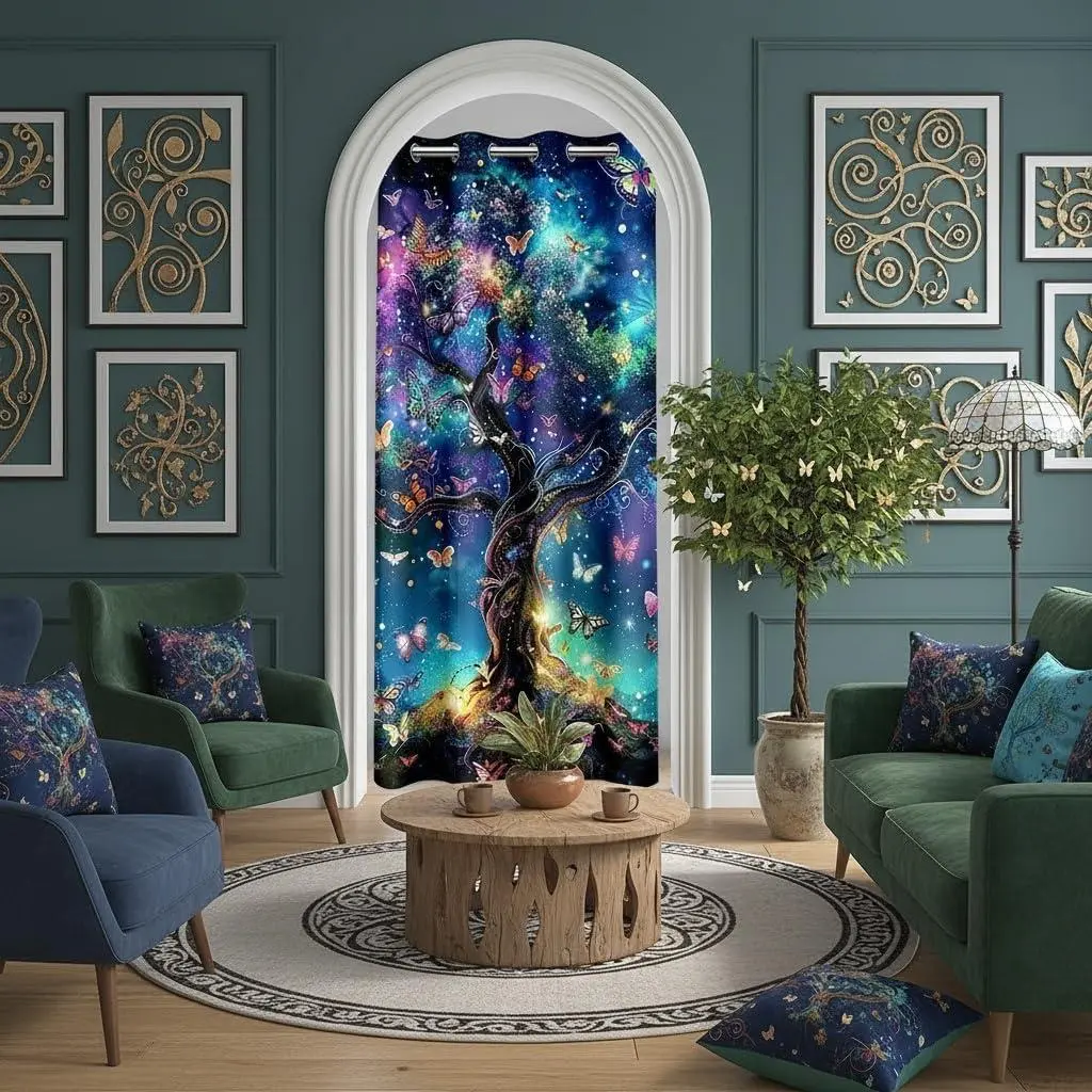 Tree of Life Door Curtain Doorway Privacy,Starry Universe Closet Door Cover Curtain Bedroom Living Room,Dreamy Butterfly Room Darkening Curtain Navy Blue Curtain