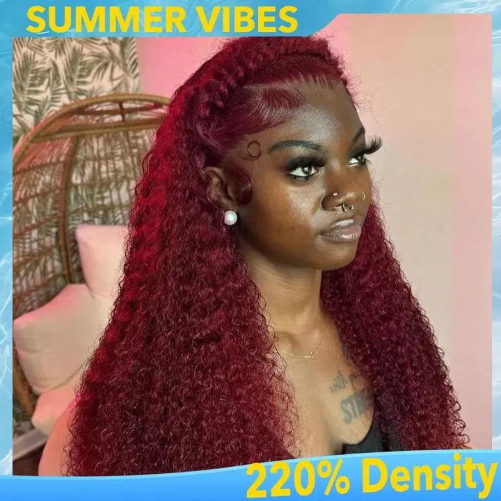 99j Human Hair Wigs 220% Density 13x6 Curly Super Hair Transparent Lace Frontal Wig For Women Burgundy Hair Lace Front Wigs For Women Summer Vibes