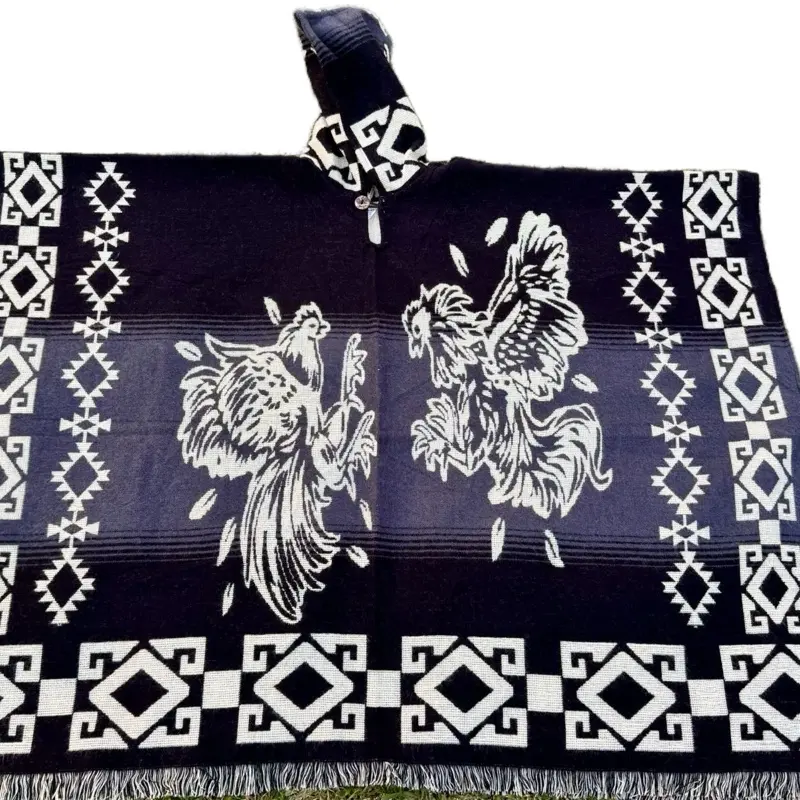 Handmade Alpaca Poncho with Roosters Designs Unisex One Size 48x38 Inches Ecuadorian Artisan Coats Tops