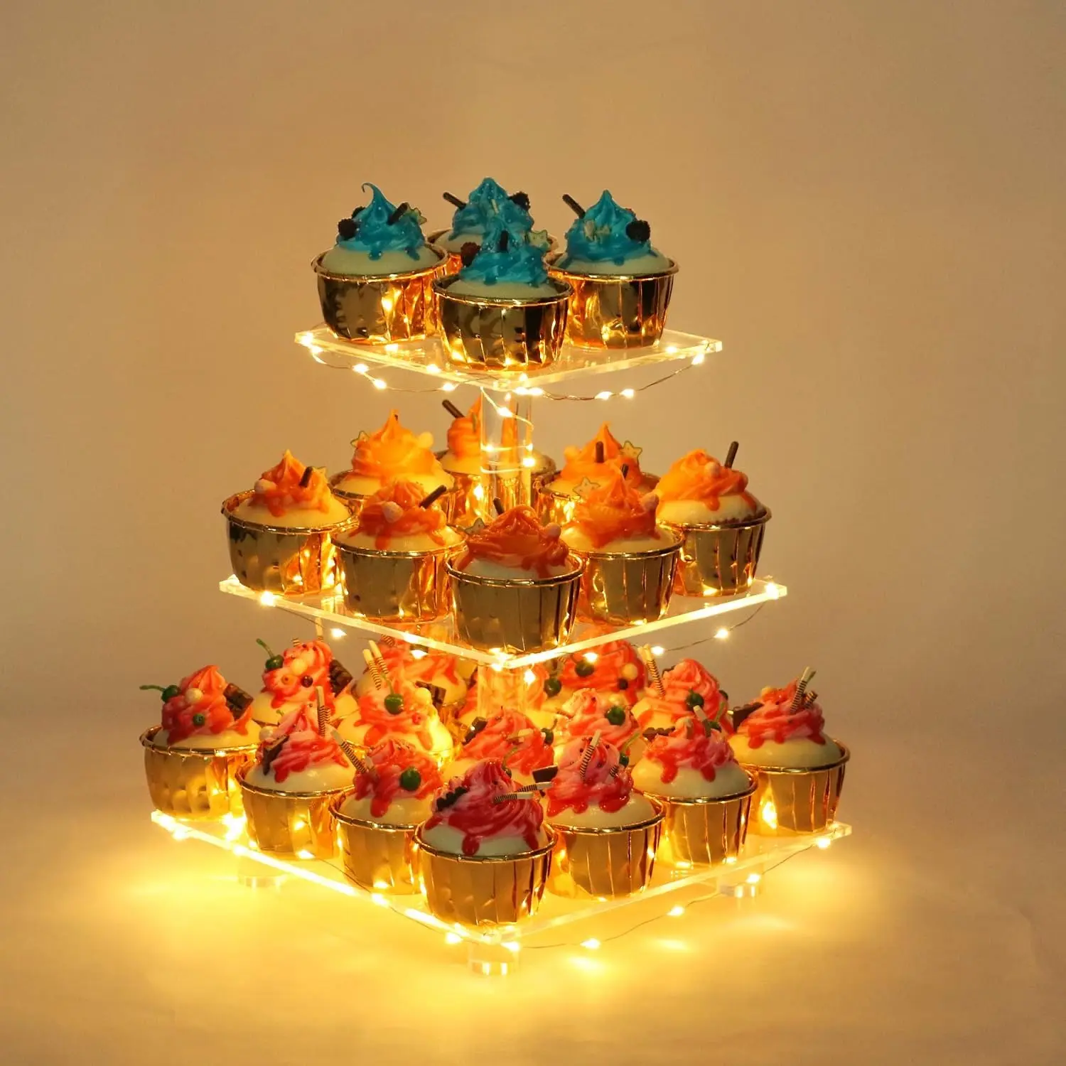 Elegant LED-Lit 3-Tier Cupcake Tower, Festive Party Cake Decor Display Stand for Special Occasions