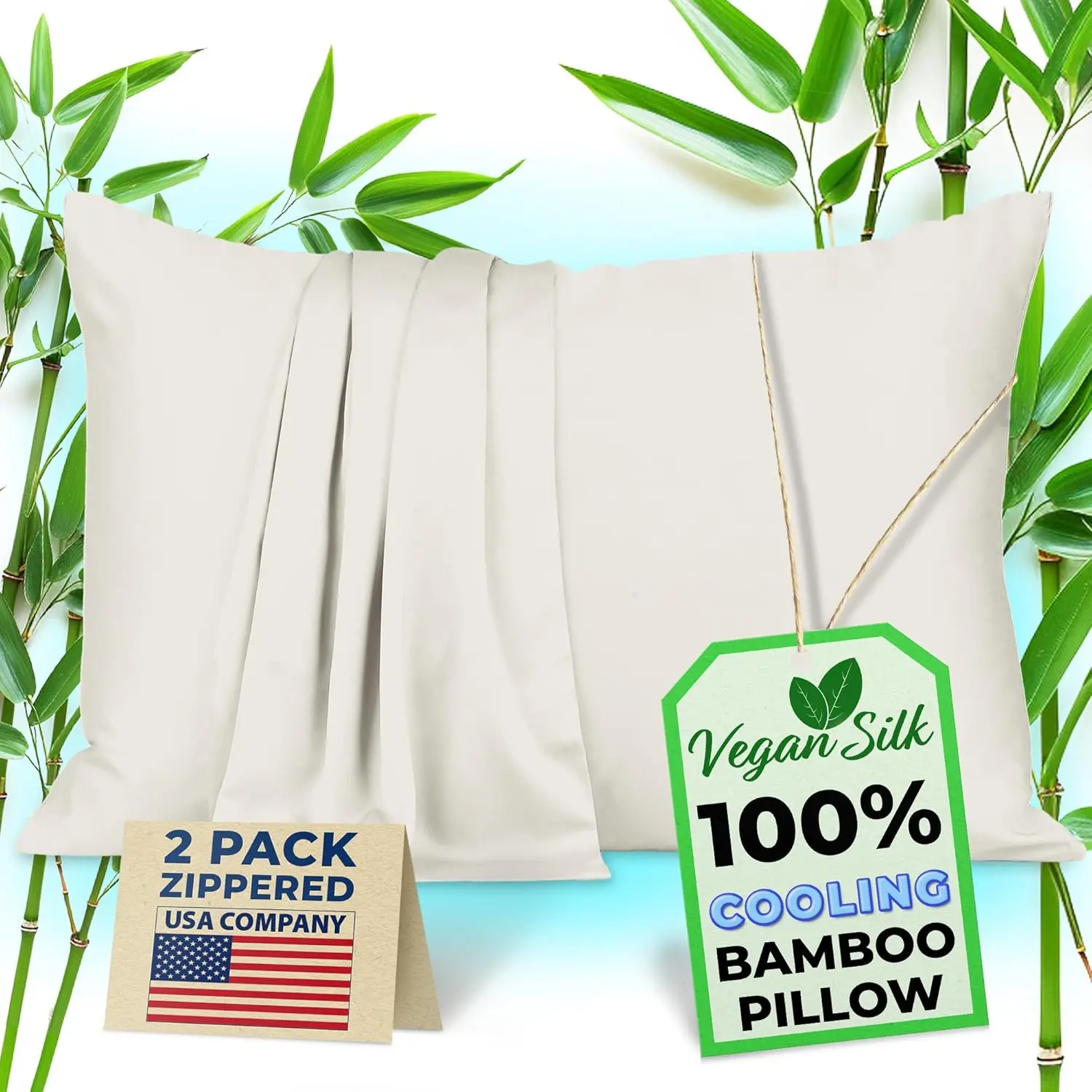 Vegan Silk Bamboo Viscose Cooling Pillowcases Set of 2 - King (36x20in), Queen Compatible, Natural Fiber Cooling Bedding, 156GSM Sateen Weave Sateen Finish, Hidden SBS Zipper, Soft Breathable, Machine Wash, OEKO-TEX Certified, Solid Colors, Heatwicking We