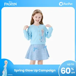 PatPat Disney Frozen Toddler Girl 2pcs Elsa Cotton Top with Tweed Bowknot Skirt Set Deep Blue Pearl Button Knit Top & Tweed Skirt Set for Children Fine Girls Outfit Casual Set，SprIngGIowUp ,RefreshedLook