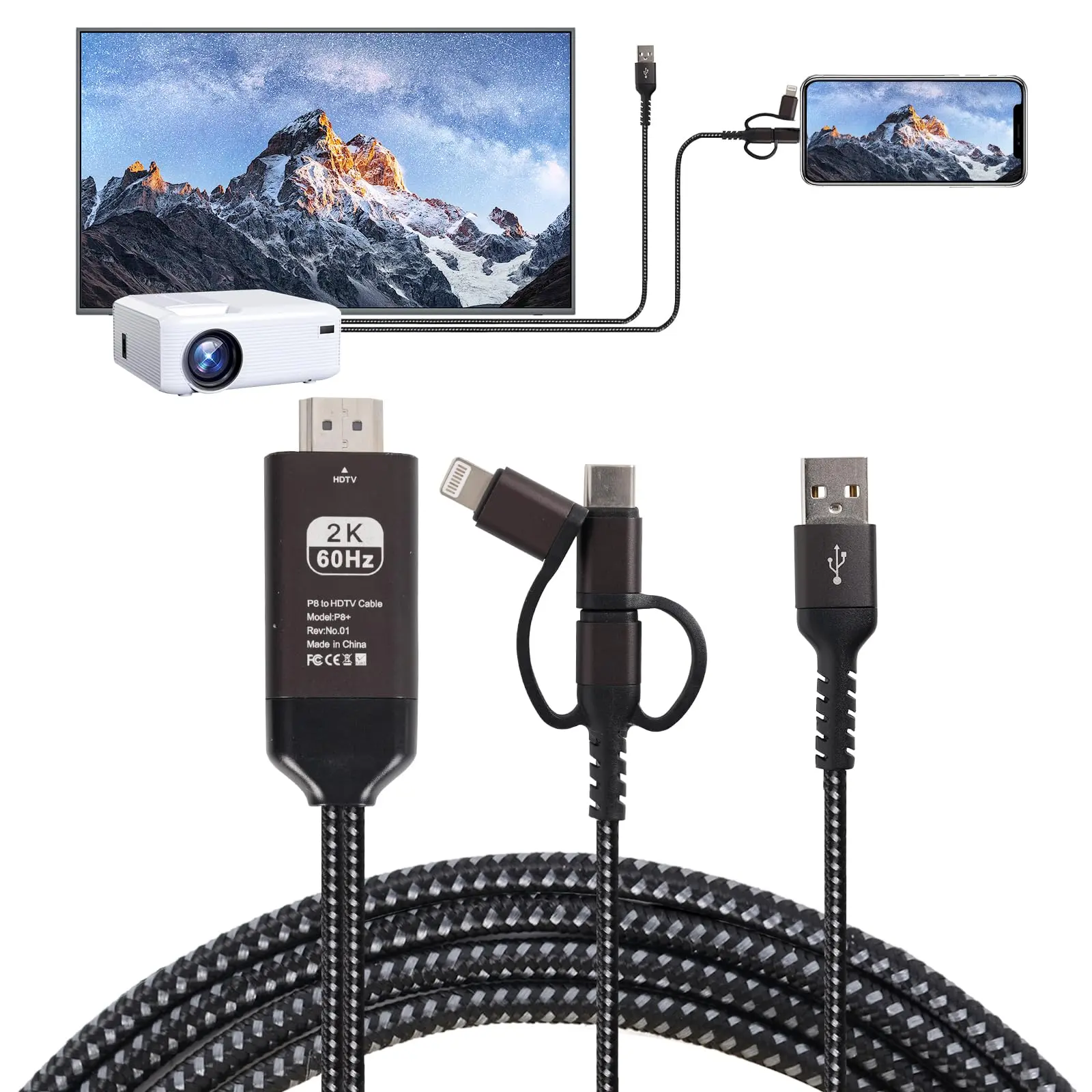 3 in 1 HDMI Projection Adapter, Compatible for iPhone/Android to TV/Monitor/Projector, 1080P Mirroring Function, with Lightning/Micro USB/USB C, Portable Digital Converter