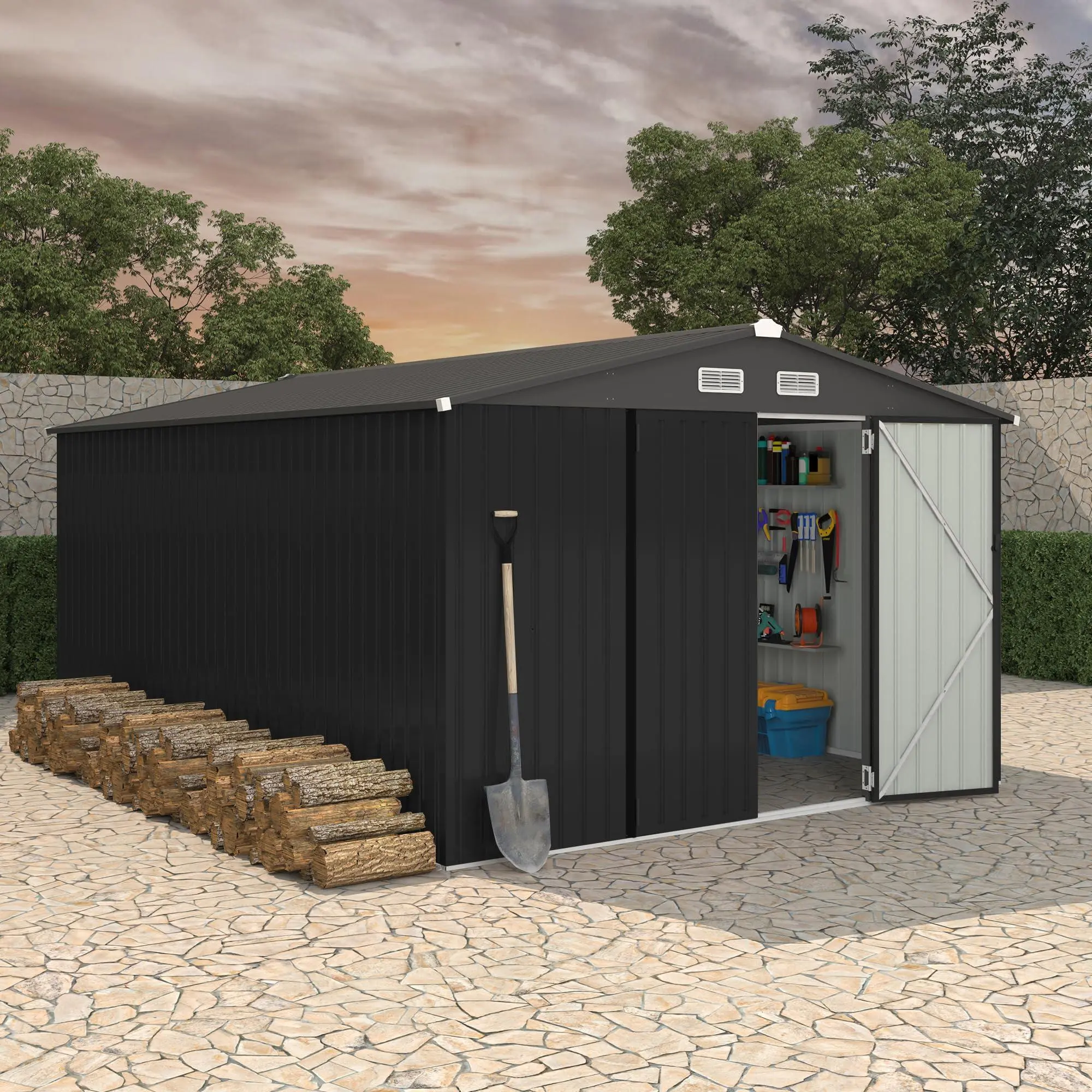 10X14 FT Metal Storage Sheds Outdoor, Metal Yard Sheds Garden Shed Kit, Tool Shed with Lockable Door, Utility Sheds Buildings with Air Vent for Backyard Garden Patio Lawn, Deep Gray