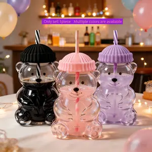 Cute Bear Shape Glass Cup with Straw, 600ML/20oz Capacity, Reusable Transparent Cup, Multiple Lid Colors, Ideal for Ice Drinks and Smoothies