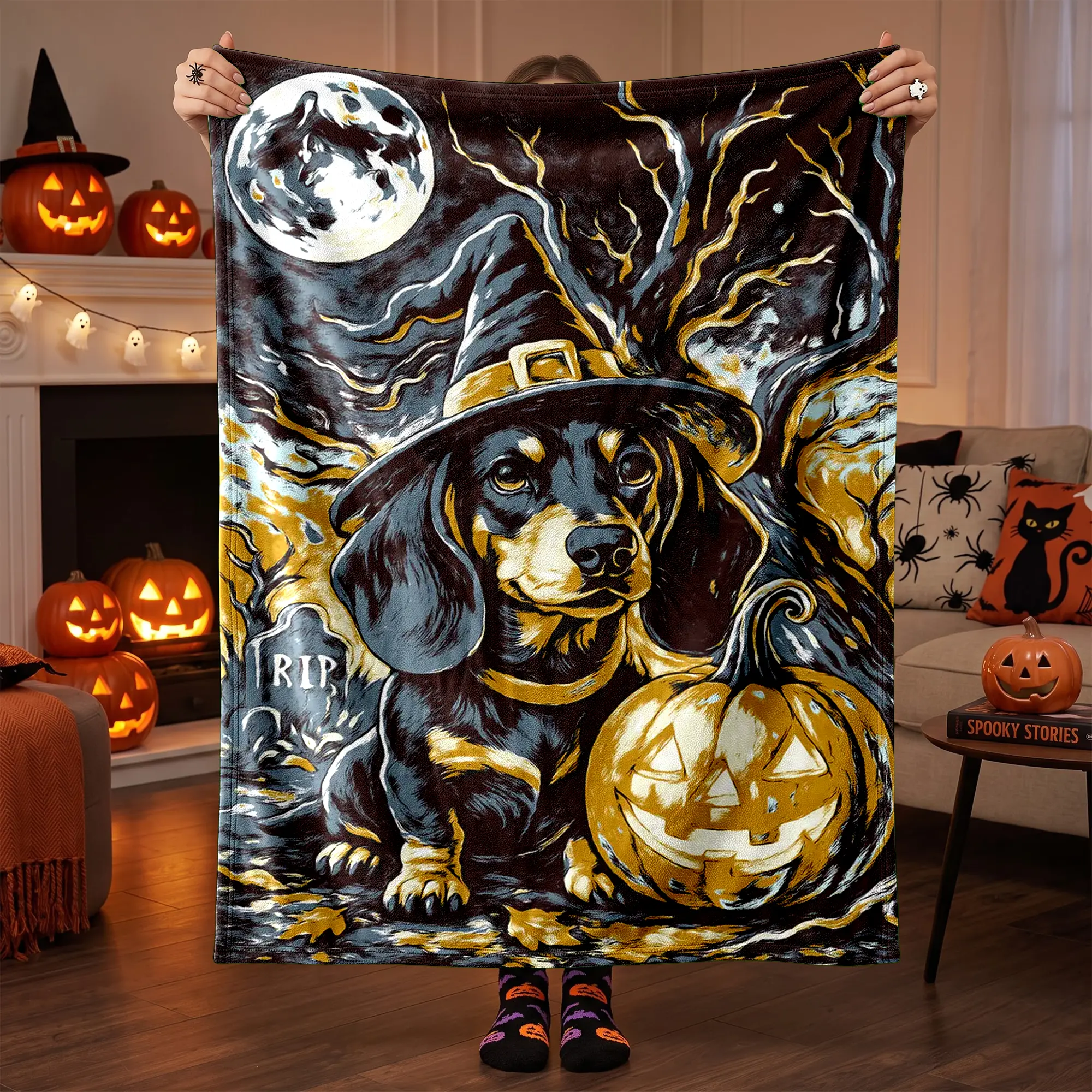 50+ Dog Breeds Halloween Blanket, Funny Spooky Season Dog Lover Throw Blanket, Pet Costume Blanket, Halloween Dog Blanket for Lover
