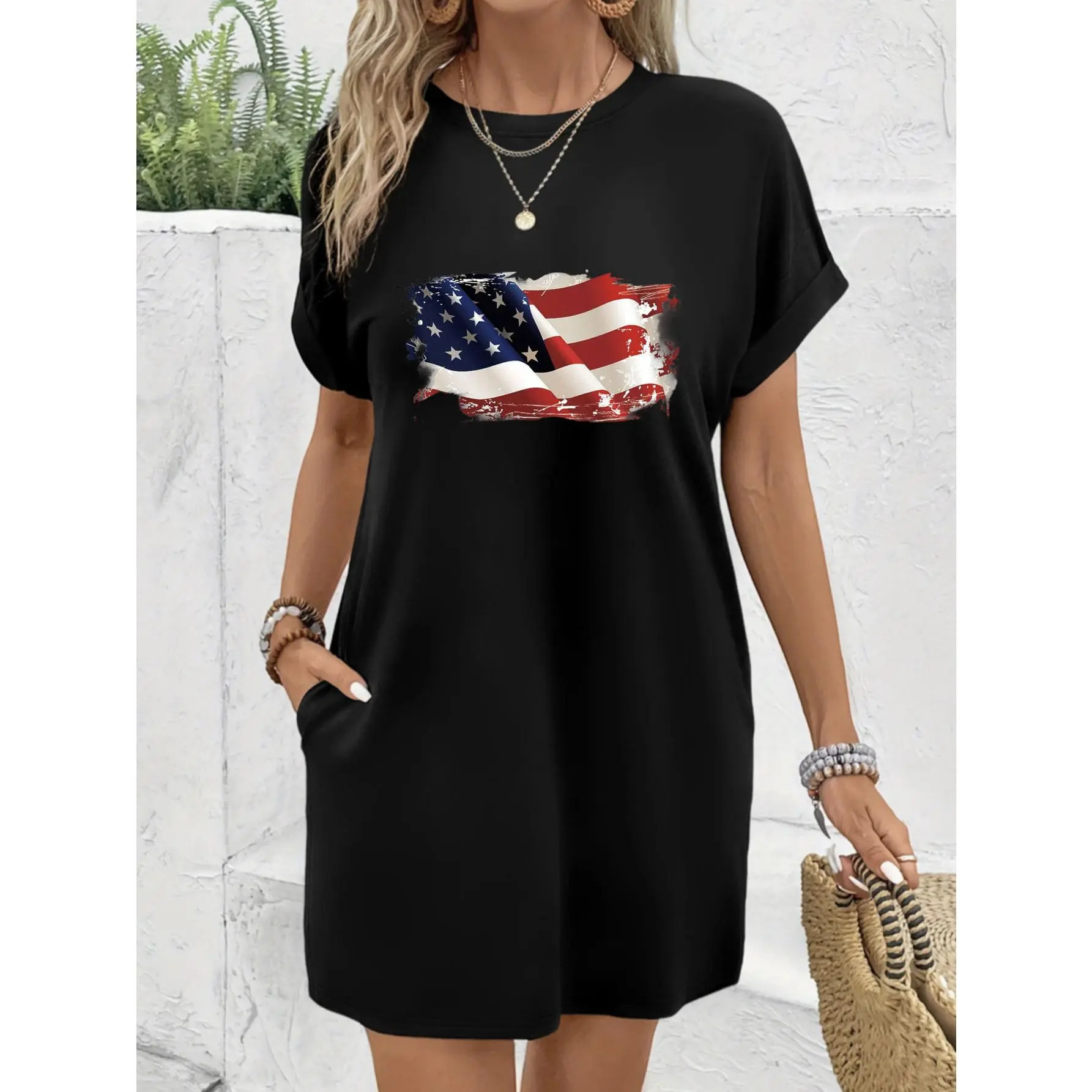 Women's Graphic Print T-Shirt Dress, Casual Short Sleeve Ice Silk Cool-Feel Summer Dress for Vacation, Loose Fit with Pockets
