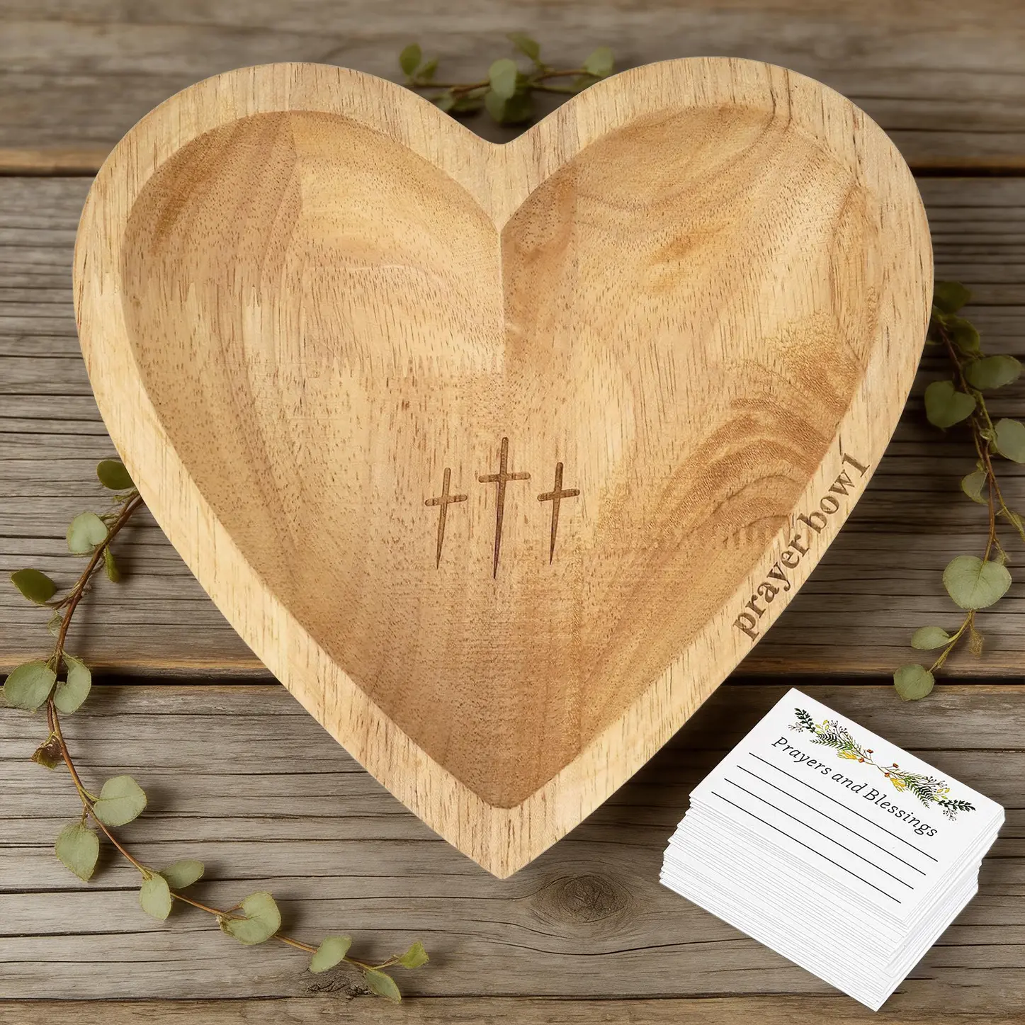 Etched Handmade Multifunctional Eco-Friendly Wooden Heart Prayer Bowl Trinket Set - 24 Prayer Cards - Rustic Stylish Religious Home Decor, Christianity Kitchen Accessory - Easter Christian Gift for Loved Ones, Mother's Day Healing Item, Home Decor Items