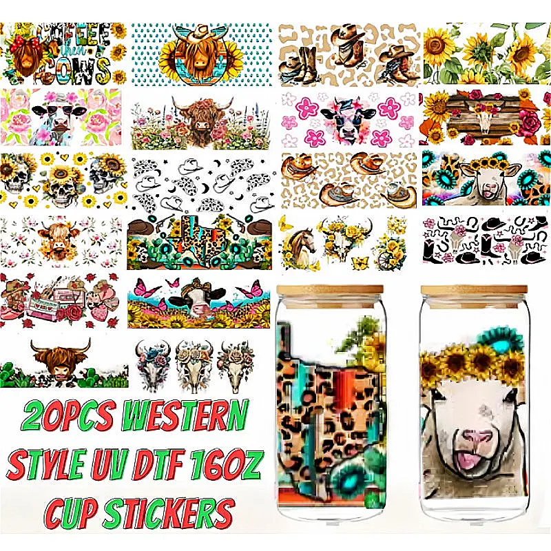 20pcs Western Style Uv Dtf 16oz Cup Stickers