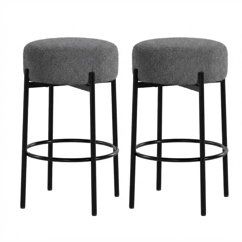 YJ-Garvee Round Bar Stools Set of 2, 24" Modern Backless Bar Stools, Sherpa Upholstered with Foot Rest for Kitchen Island, Counter, Cafes,Dark Grey