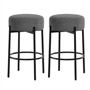 YJ-Garvee Round Bar Stools Set of 2, 24" Modern Backless Bar Stools, Sherpa Upholstered with Foot Rest for Kitchen Island, Counter, Cafes,Dark Grey
