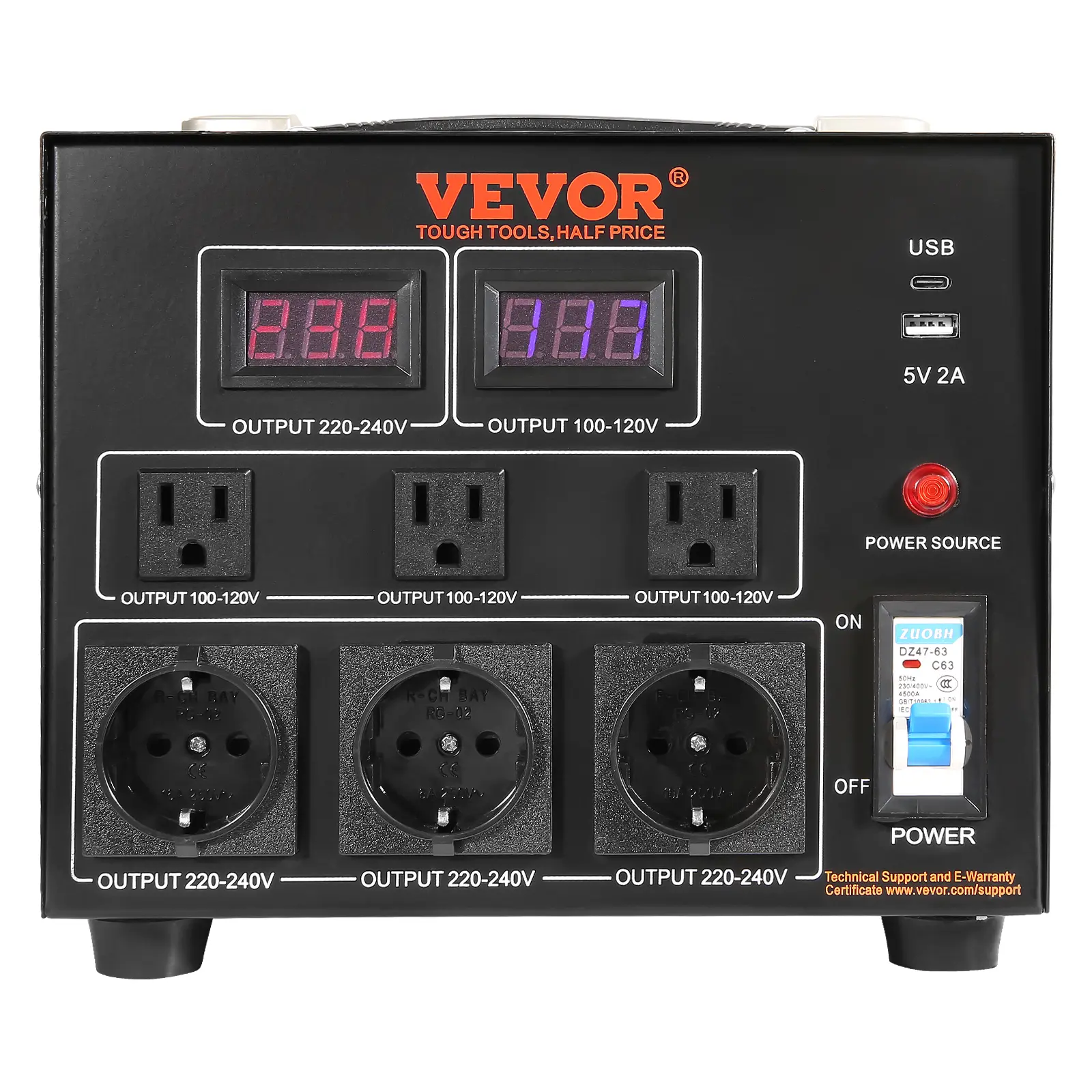 VEVOR 3000W Voltage Converter, Durable Step Up-Down Unit with 110V-220V Switch, US/EU Outlets, 5V USB Port, CE Approved, Continuous Operation, European Shucko Plug, High Efficiency, Overload Protection, Compact AC Plug, Father's Day Gift Option, Ac Plugs