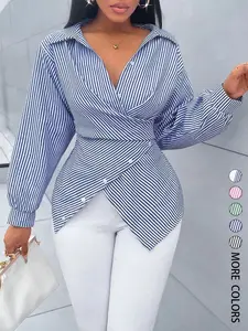 Women's Striped Print Button Front Collared Casual Shirt, Button Down Shirt,Asymmetrical Hem ,Wrap Blouse,Long Sleeve,Fitted,Elegant,Daily Commuting,Going Our,All Season