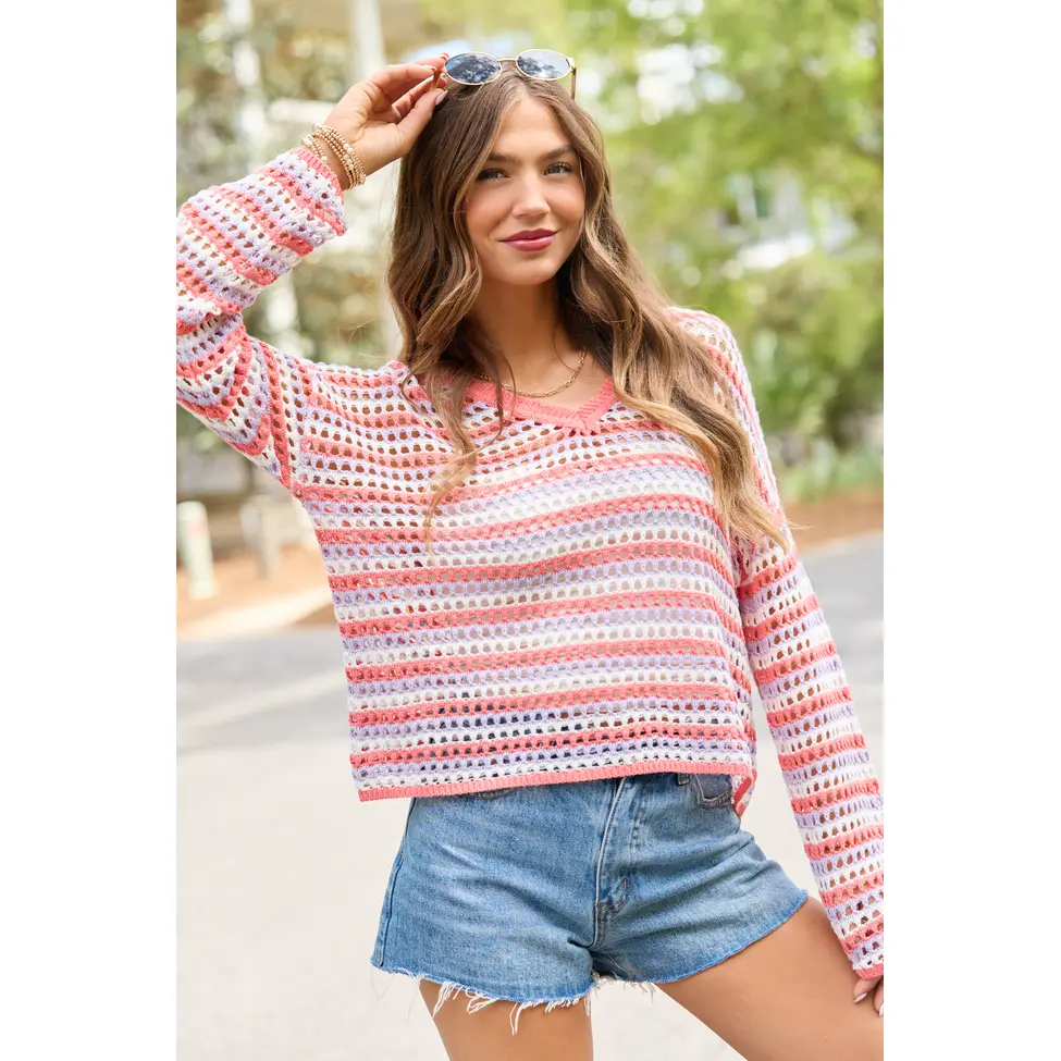 Chasing Rainbows Coral Striped Crochet Sweater FINAL SALE