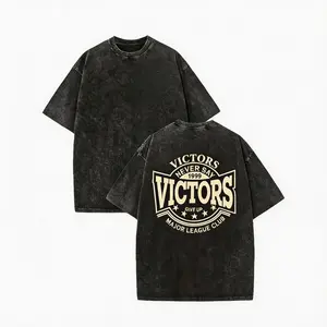 Men’s vintage washed wax-print T-shirt with double-sided crew neck logo letter print; street-style retro crew-neck short-sleeve T-shirt; summer gray/blue-green knit men’s top