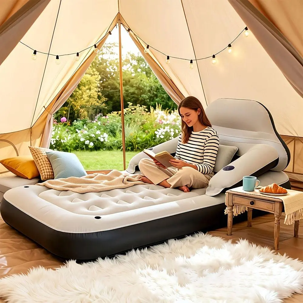 Single-size air mattress bed with inflatable pillow, can be inflated for use, suitable for camping and guest rooms.