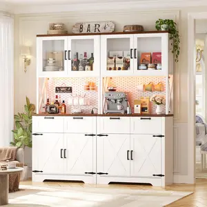 Unikito 71" Kitchen Pantry Storage Cabinet with LED Light & Power Outlet，Freestanding Buffet Cabinet with Microwave Stand,4 Door Shelves, tall Wine Rack
