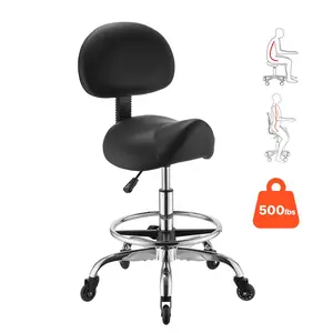 VEVOR Saddle Stool with Back Support Footrest, 500 lbs Weight Capacity, Height Adjustable, Quiet Casters, PU Leather Seat, 360° Swivel Saddle Stool Rolling Chair for Salon, Spa, Bar, Medical, Black