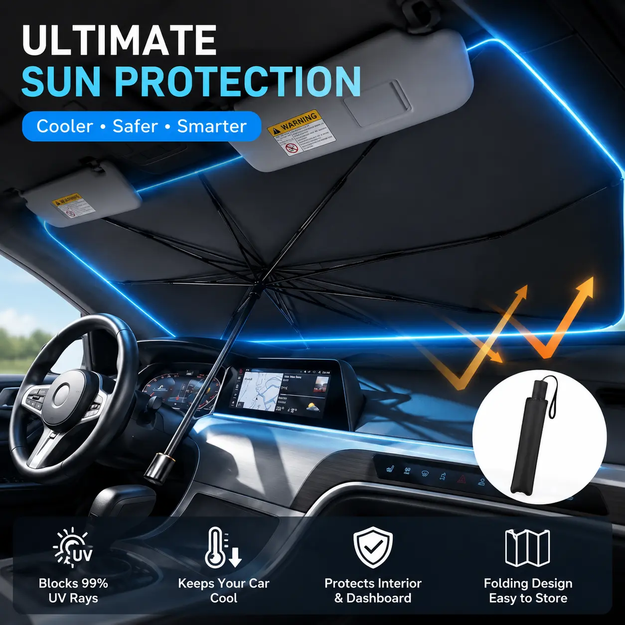 Portable Foldable Umbrella Windshield Shade - Car Exterior Accessory with Detachable Sun Protection, Rollable Design, Sun Canopy, UV Light Filtering for Front Window Cooling, Detachable Sun Protection Front Window shield