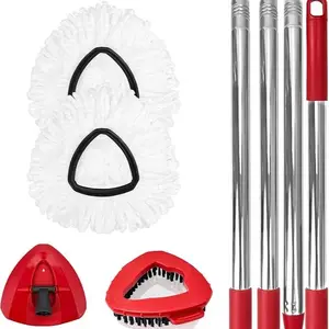 Spin Mop Head Replacement Compatible with O Cedar EasyWring – 2 Pack Microfiber Mop Refills + Upgraded Scrub Brush & Base, Removes 99% Bacteria Deep Cleaning for All Hard Floors, Machine Washable Reusable Triangle Swivel Mop Heads