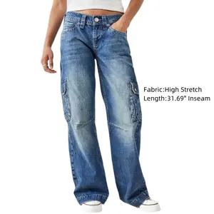Flamingals Wash Stitch Detail Flap Pocket Low Rise Straight Leg Jeans Fit Denim straight leg jeans Blue Casual Chic
